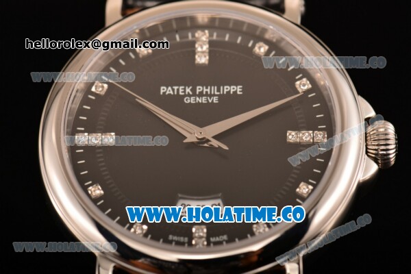 Patek Philippe Calatrava Miyota Quartz Steel Case with Black Dial and Diamonds Markers - Click Image to Close